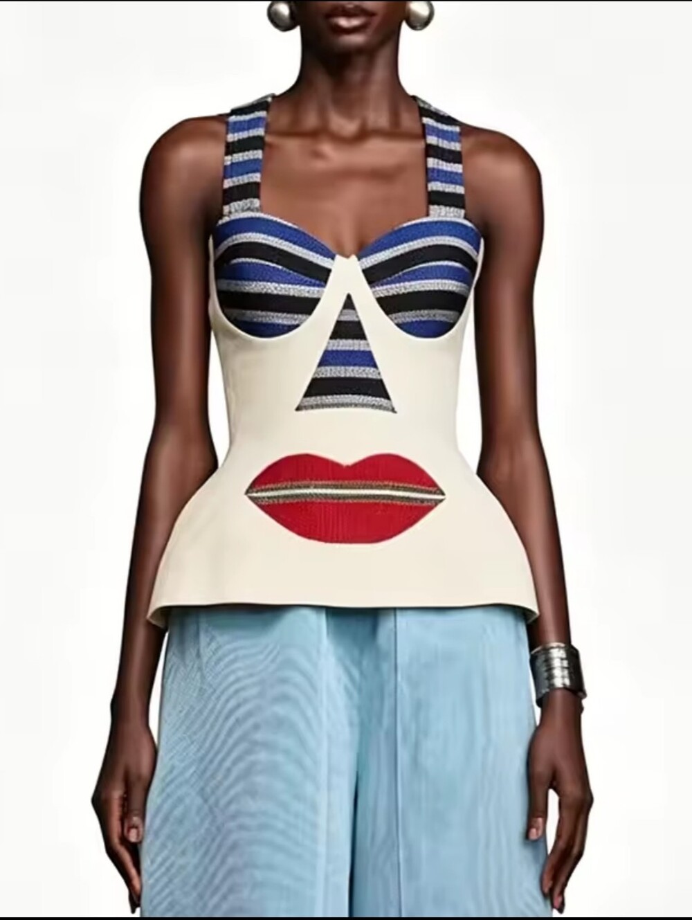 Cream Sculpted Face Applique Tank with Blue Striped Bust - Picture 2 of 5